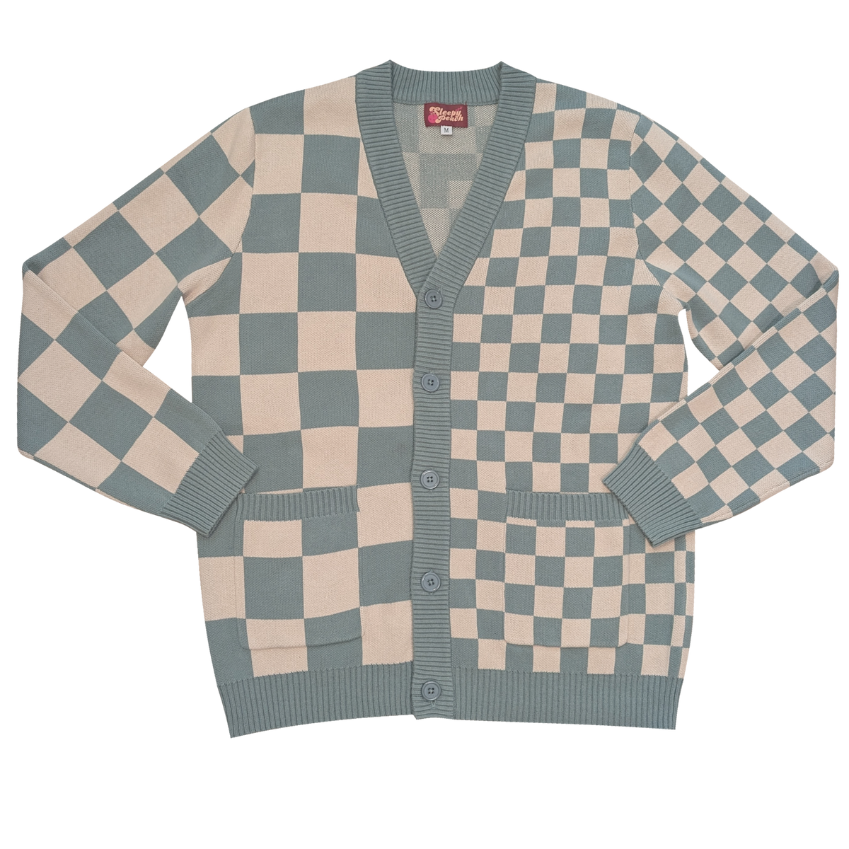 Dark Matcha Cardigan laid flat, cream and matcha green checkerboard knit in two check sizes
