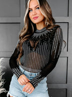Starlight Rhinestone Sheer Mesh Bodysuit in Black