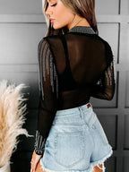 Starlight Rhinestone Sheer Mesh Bodysuit in Black