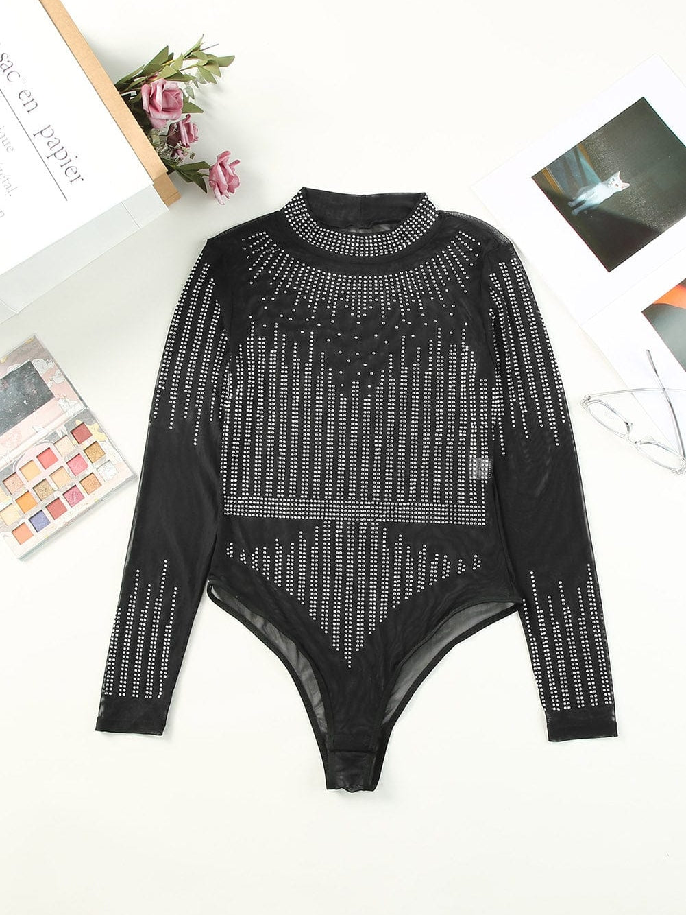 Starlight Rhinestone Sheer Mesh Bodysuit in Black