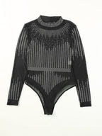 Starlight Rhinestone Sheer Mesh Bodysuit in Black