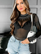 Starlight Rhinestone Sheer Mesh Bodysuit in Black