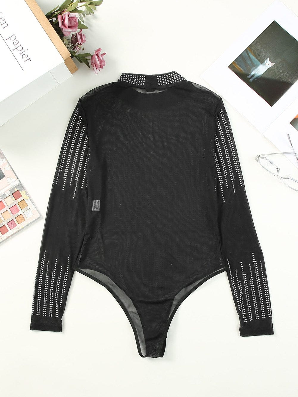 Starlight Rhinestone Sheer Mesh Bodysuit in Black