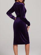 Round Neck Tie Waist Long Sleeve Velvet Dress | 4 Colors | Poundton