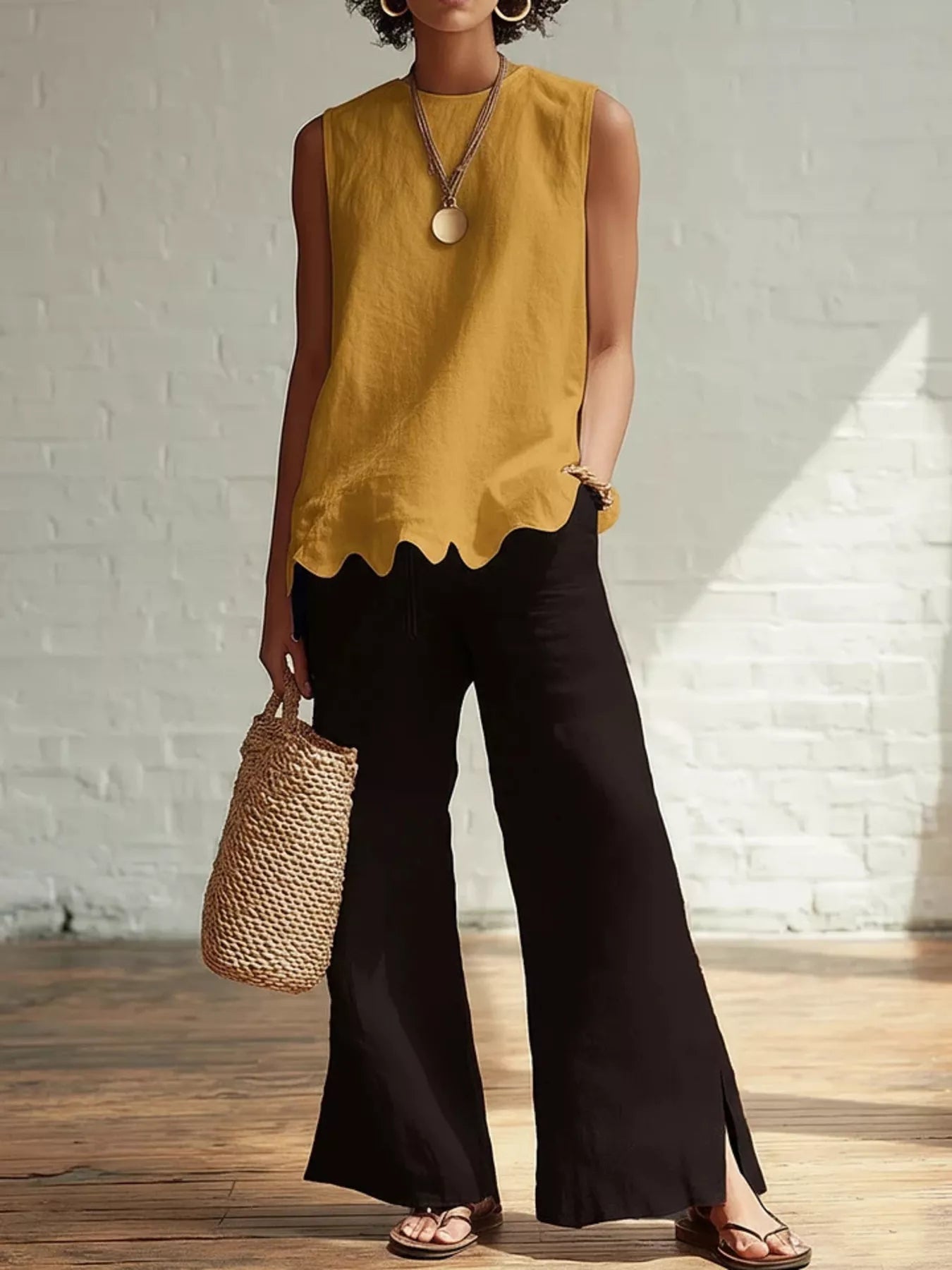 Odile scalloped hem sleeveless blouse styled with a basket bag, by Pinup Girl Clothing
