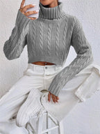Snow Bunny Cable Knit Turtleneck Sweater in heather grey by Pinup Girl Clothing