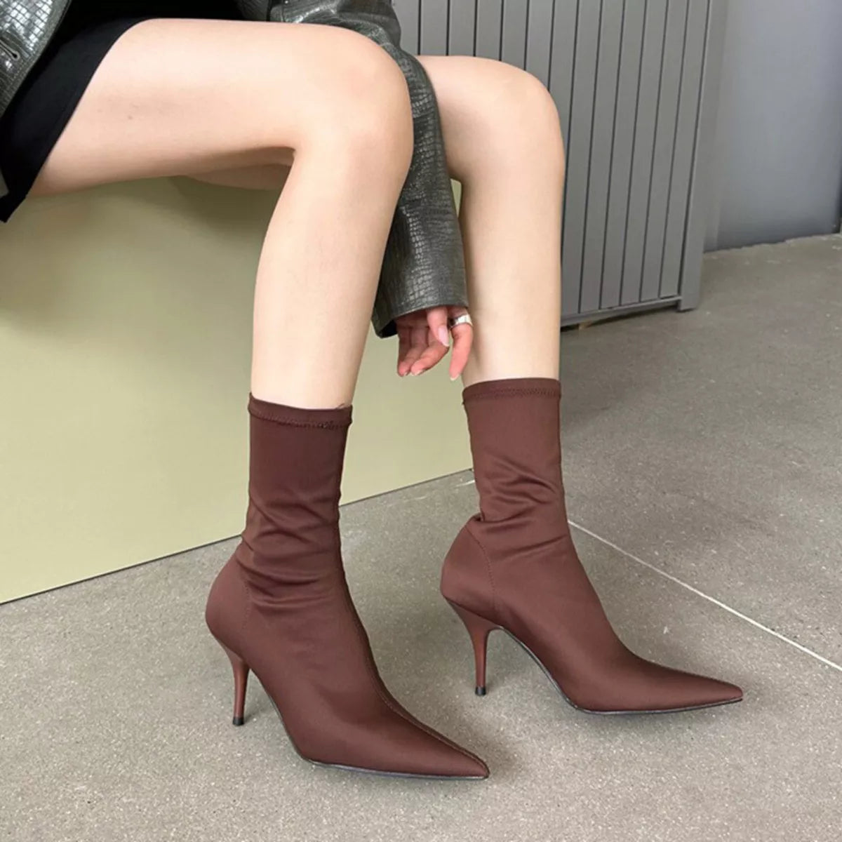 Siren pointed toe stretch sock boots in coffee brown