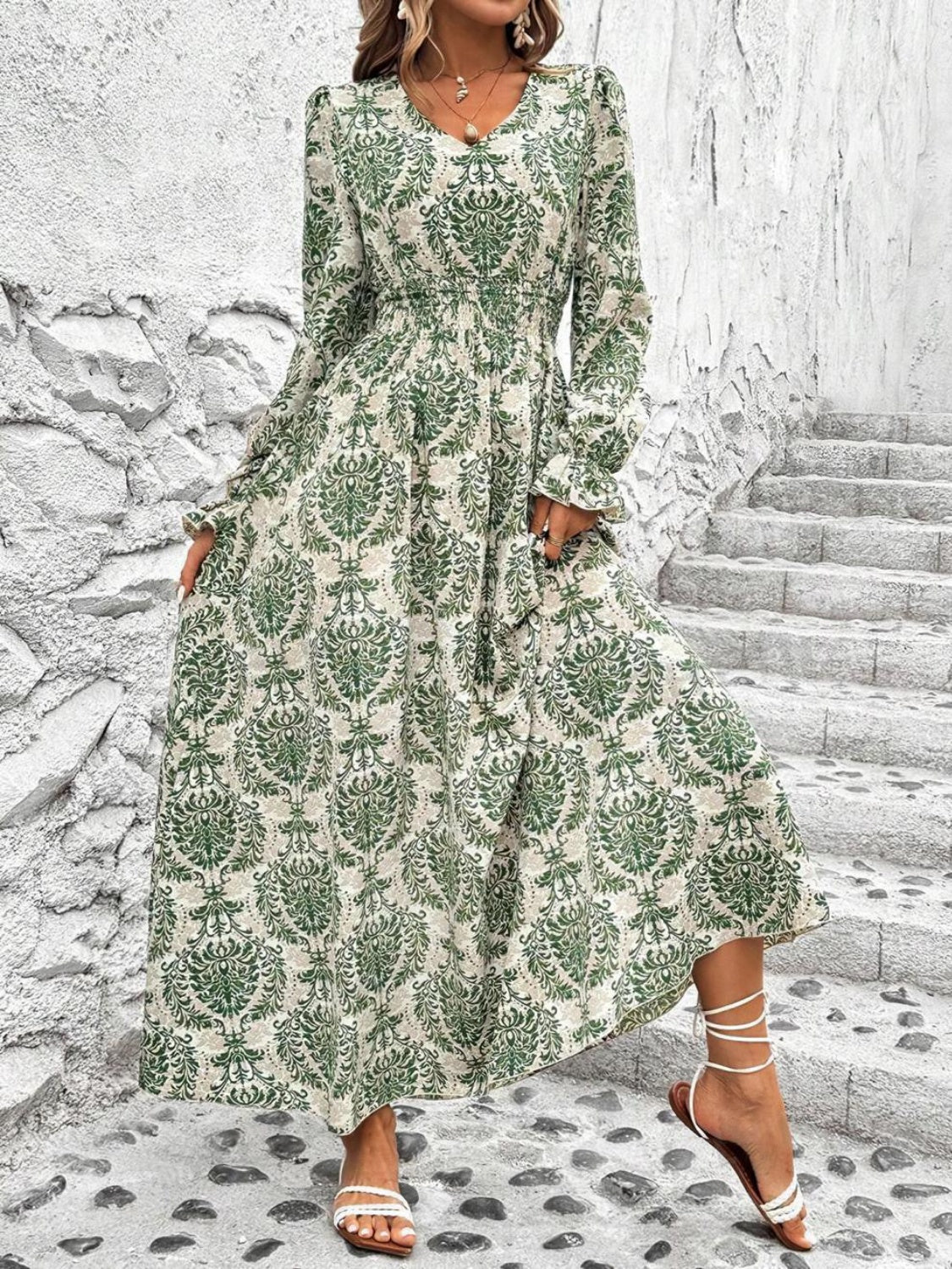 Gianna Smocked Printed V-Neck Flounce Sleeve Dress | 4 Colors
