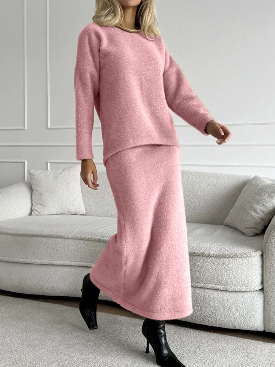 Mia Round Neck Dropped Shoulder Top and Midi Skirt Knit Set | 5 Colors
