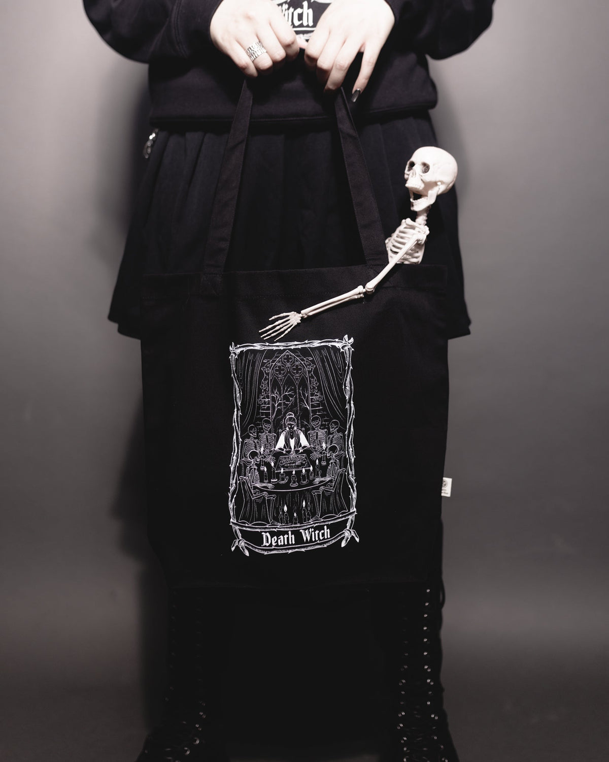 Death Witch Tote Bag, black organic cotton tote with a Death Witch tarot print