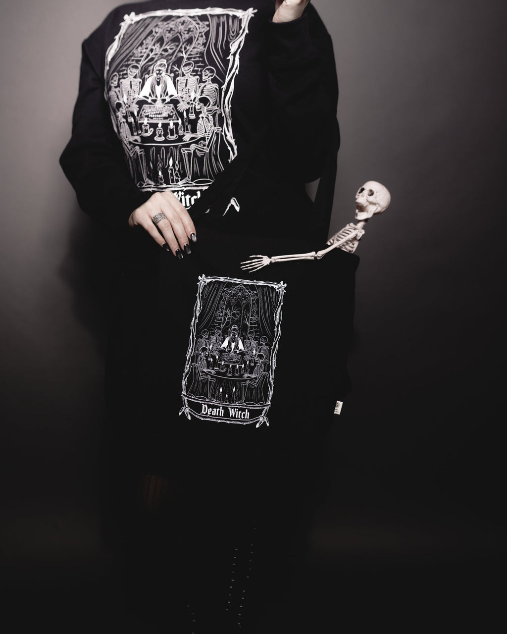 Death Witch Tote Bag, black organic cotton tote with a Death Witch tarot print