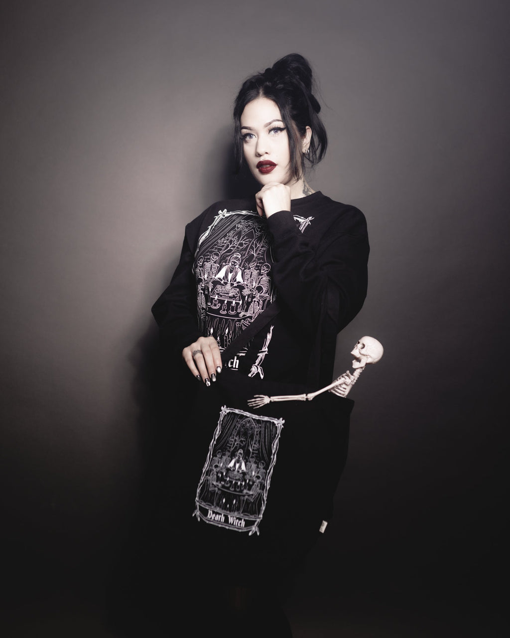 Death Witch Tote Bag, black organic cotton tote with a Death Witch tarot print