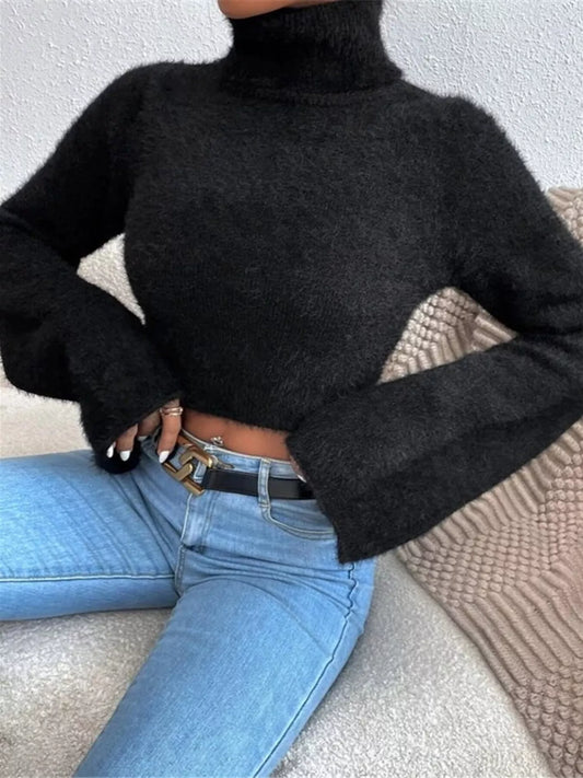 Bell Ringer Cropped Turtleneck Sweater in black by Pinup Girl Clothing