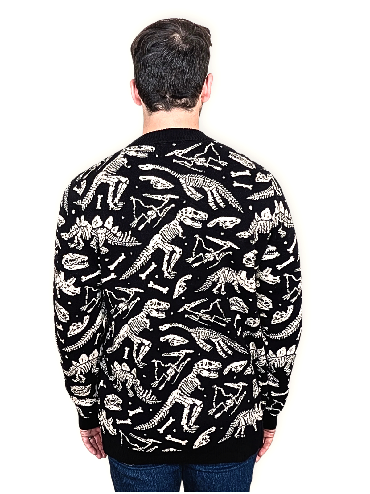 Back view of the Dinosaur Fossil Cardigan showing the dinosaur skeleton print