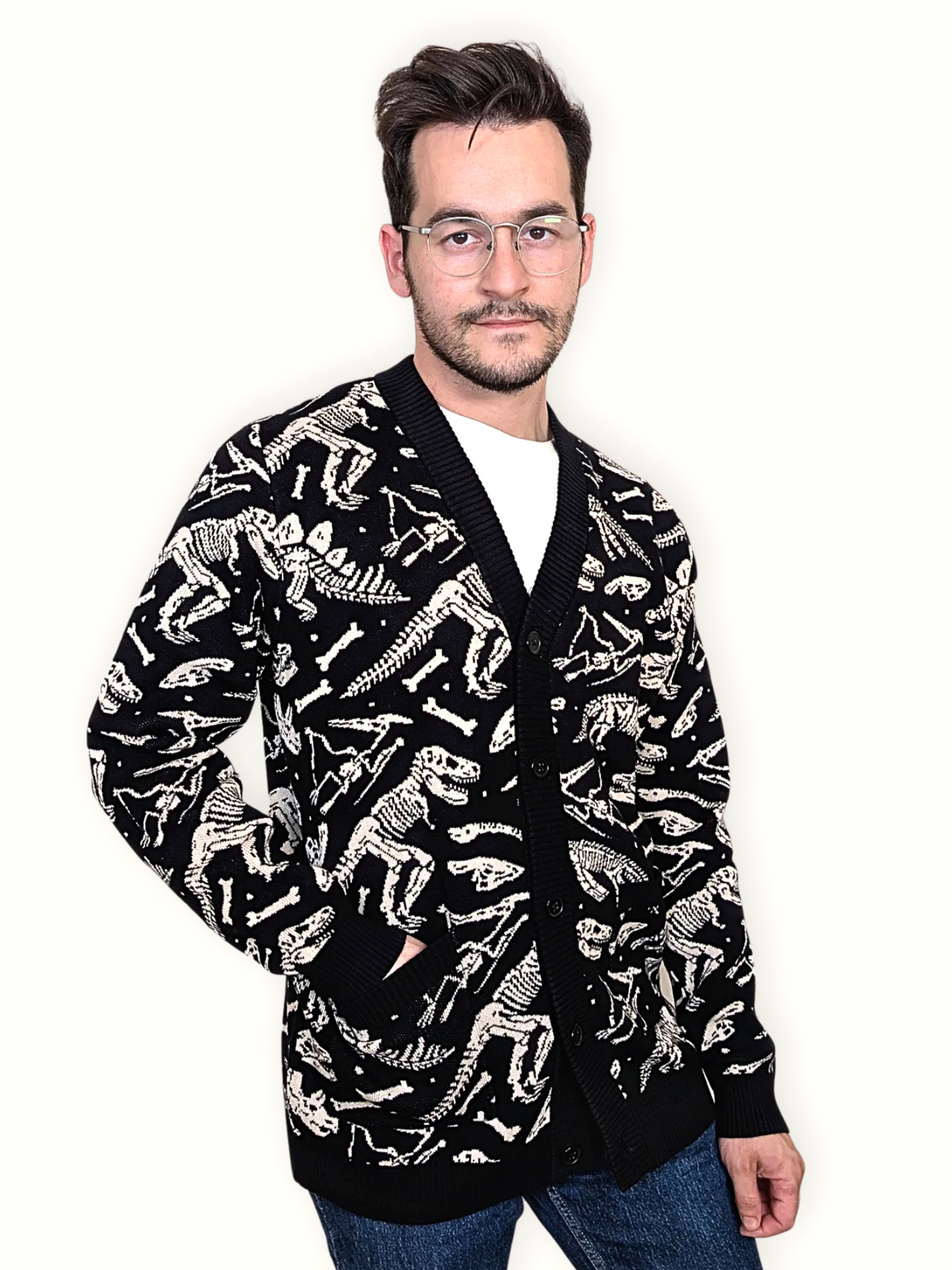 Three-quarter view of the Dinosaur Fossil Cardigan worn over a white tee
