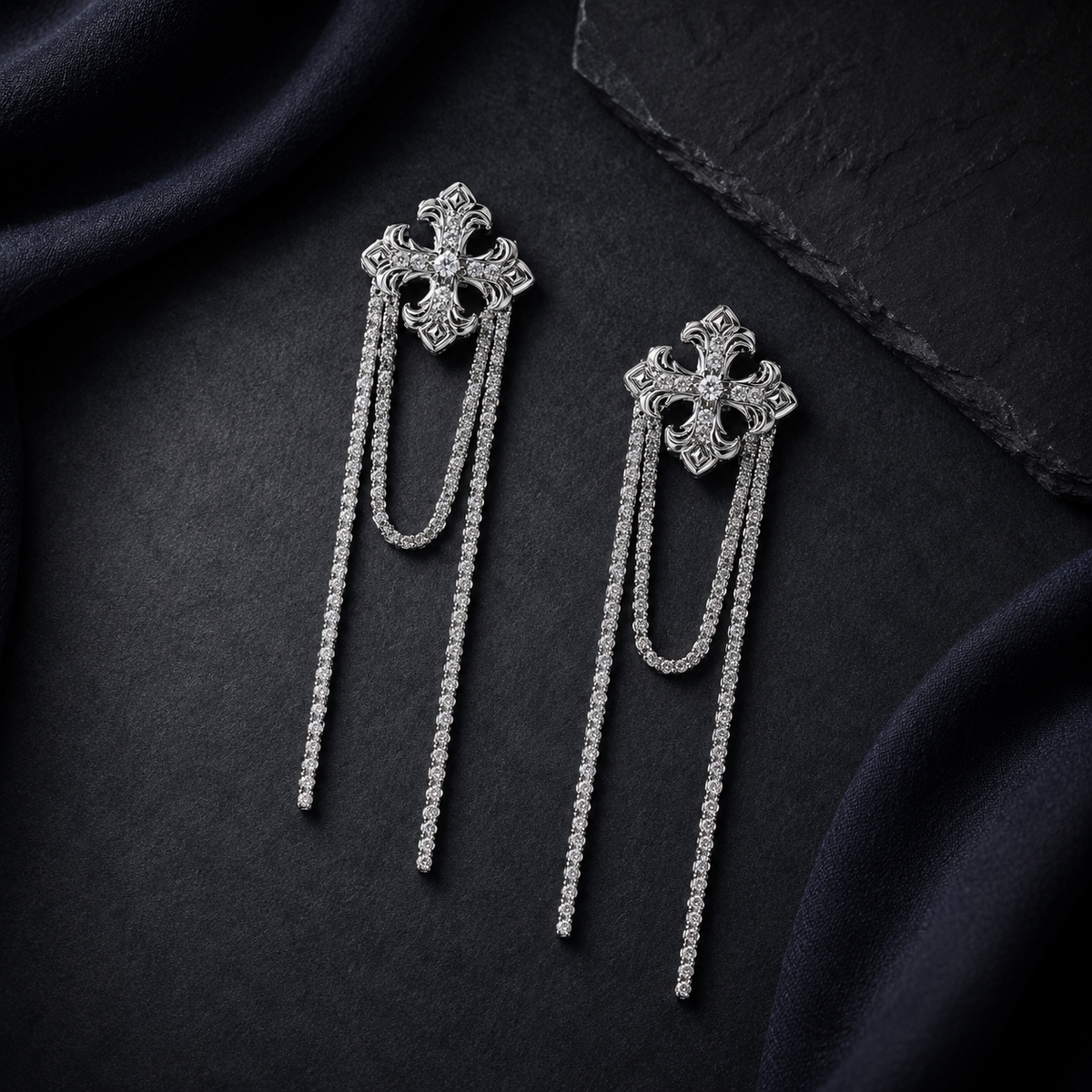 Divine Cascade Earrings, long silver-tone chain drop earrings with zirconia
