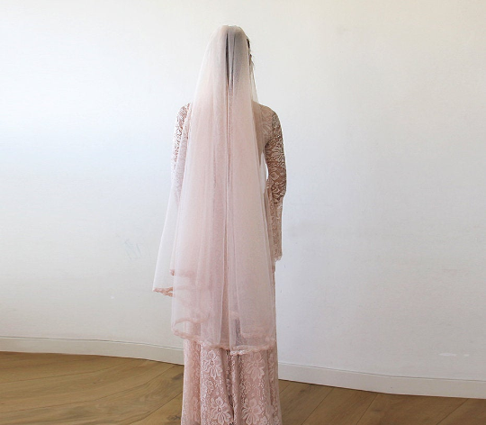 Light blue lace trim tulle veil shown on the model