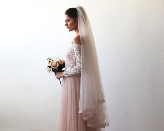 Light blue tulle bridal veil lace trim detail