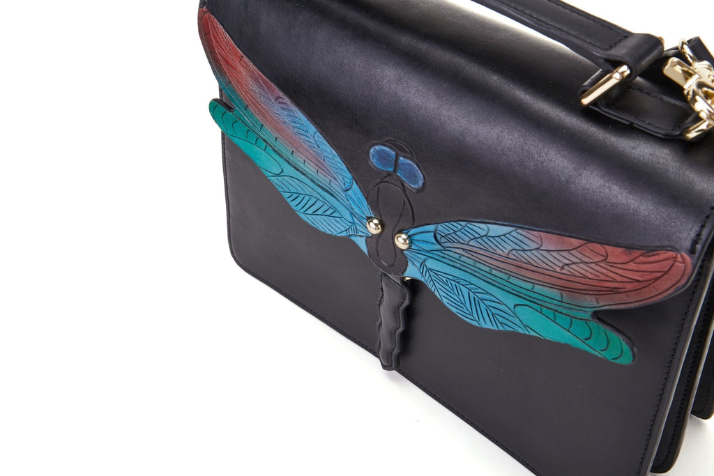 Dragonfly black leather top handle bag, another view, by Pinup Girl Clothing