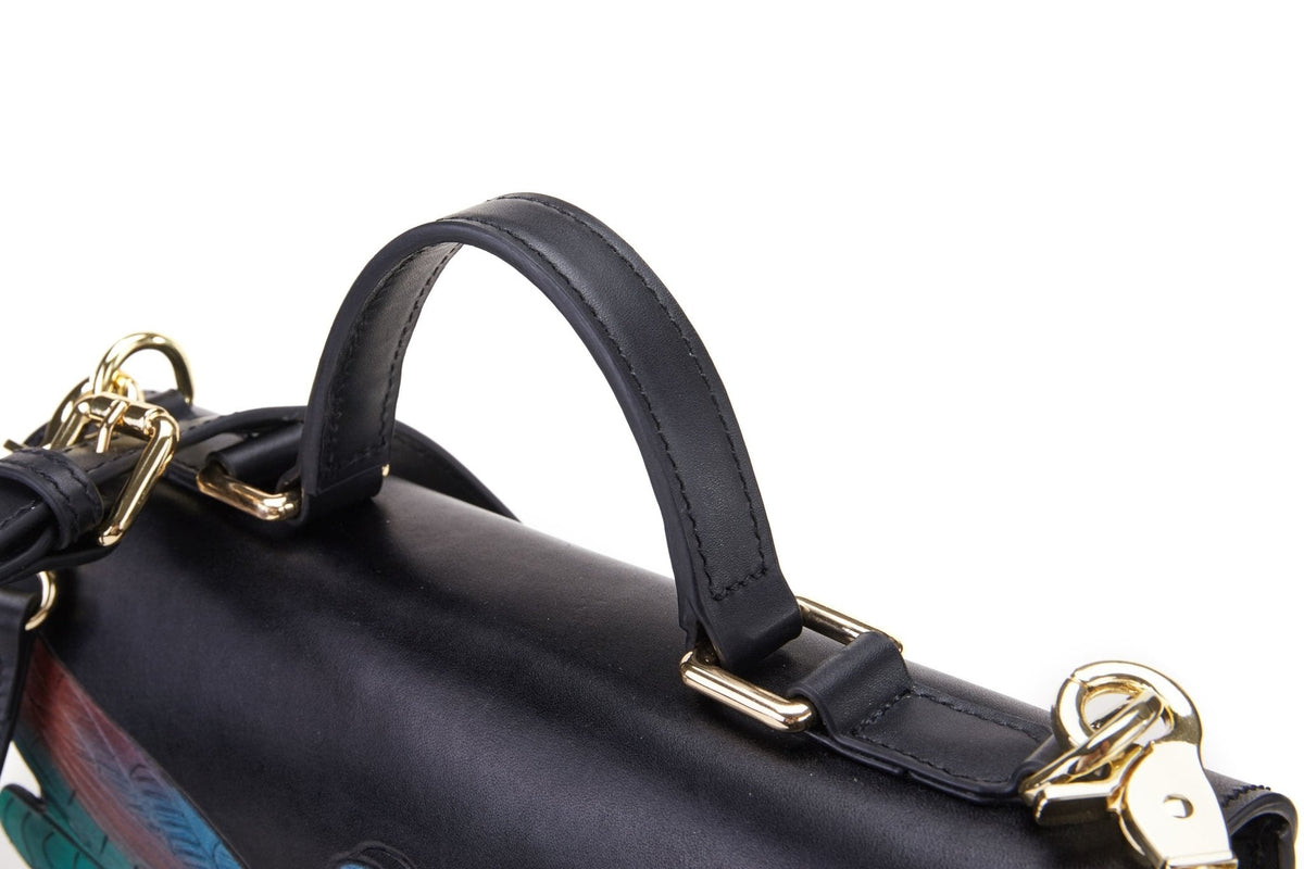 Dragonfly black leather top handle bag, another view, by Pinup Girl Clothing