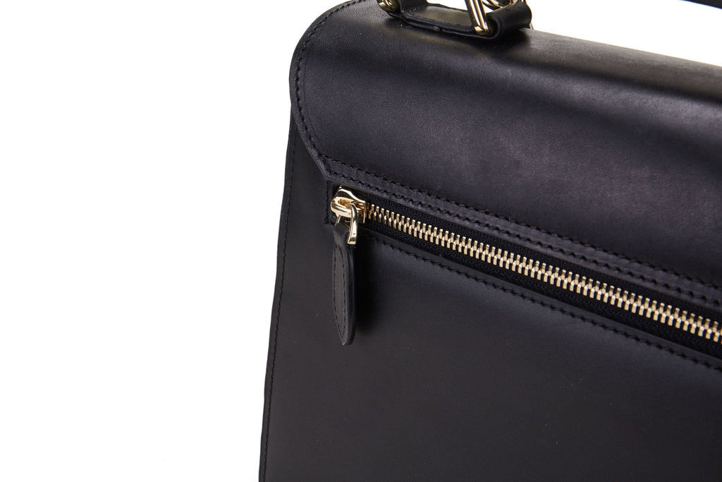 Dragonfly black leather top handle bag, another view, by Pinup Girl Clothing
