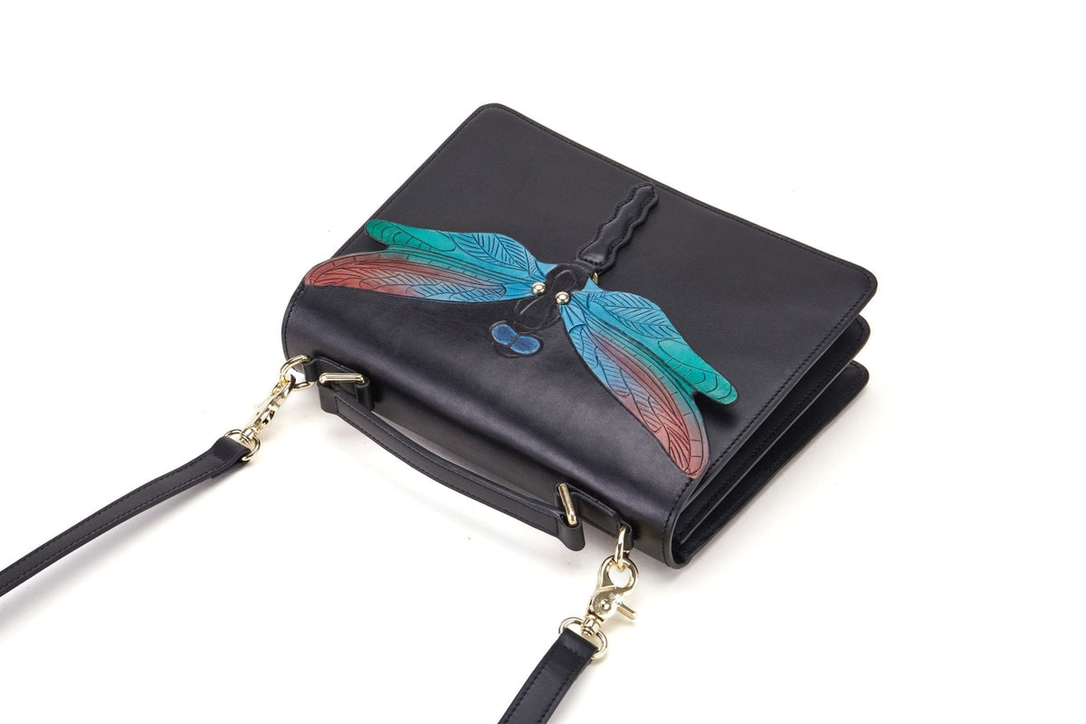 Dragonfly black leather top handle bag, another view, by Pinup Girl Clothing