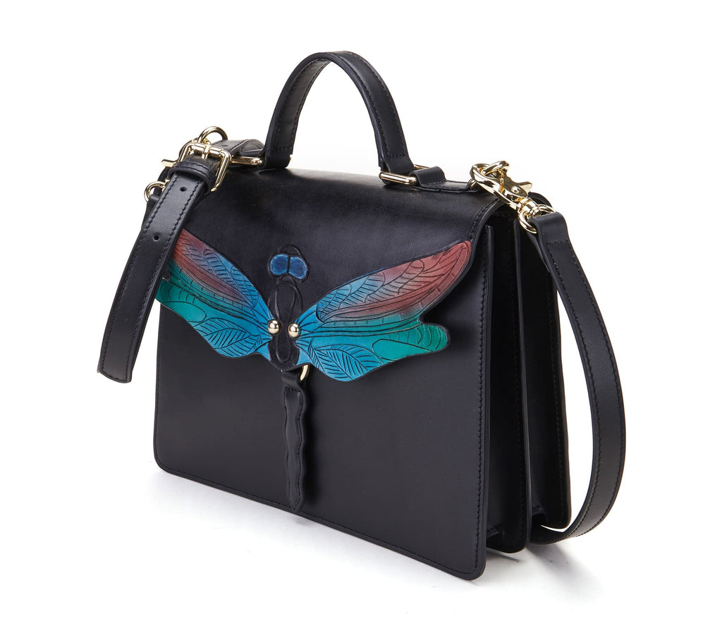 Dragonfly black leather top handle bag, another view, by Pinup Girl Clothing