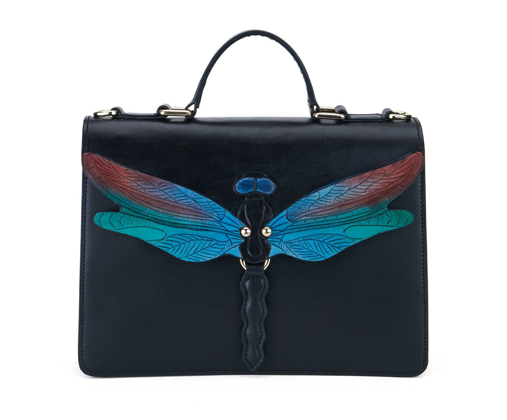 Dragonfly black leather top handle bag with a dragonfly buckle by Pinup Girl Clothing