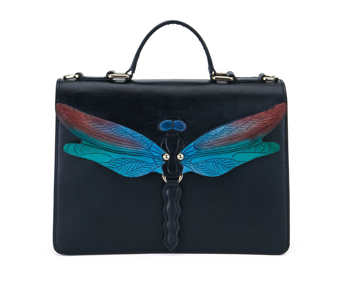 Dragonfly black leather top handle bag with a dragonfly buckle by Pinup Girl Clothing