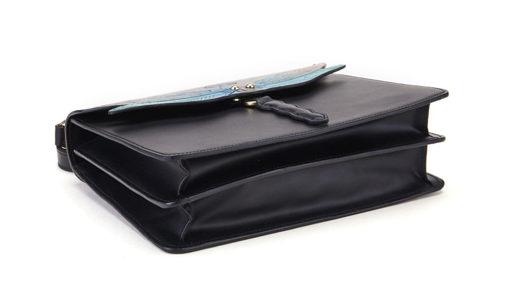 Dragonfly black leather top handle bag, another view, by Pinup Girl Clothing