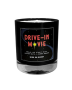 Drive-In Movie scented soy candle in a black glass jar