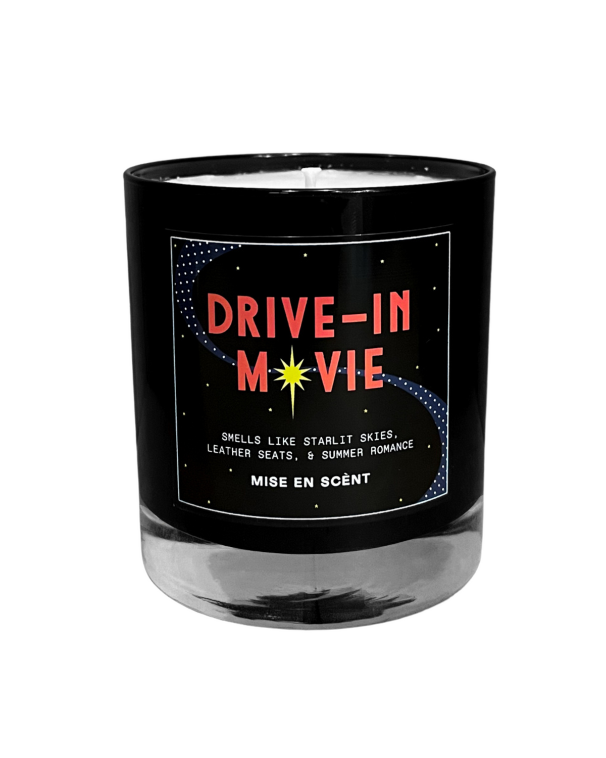 Drive-In Movie scented soy candle in a black glass jar