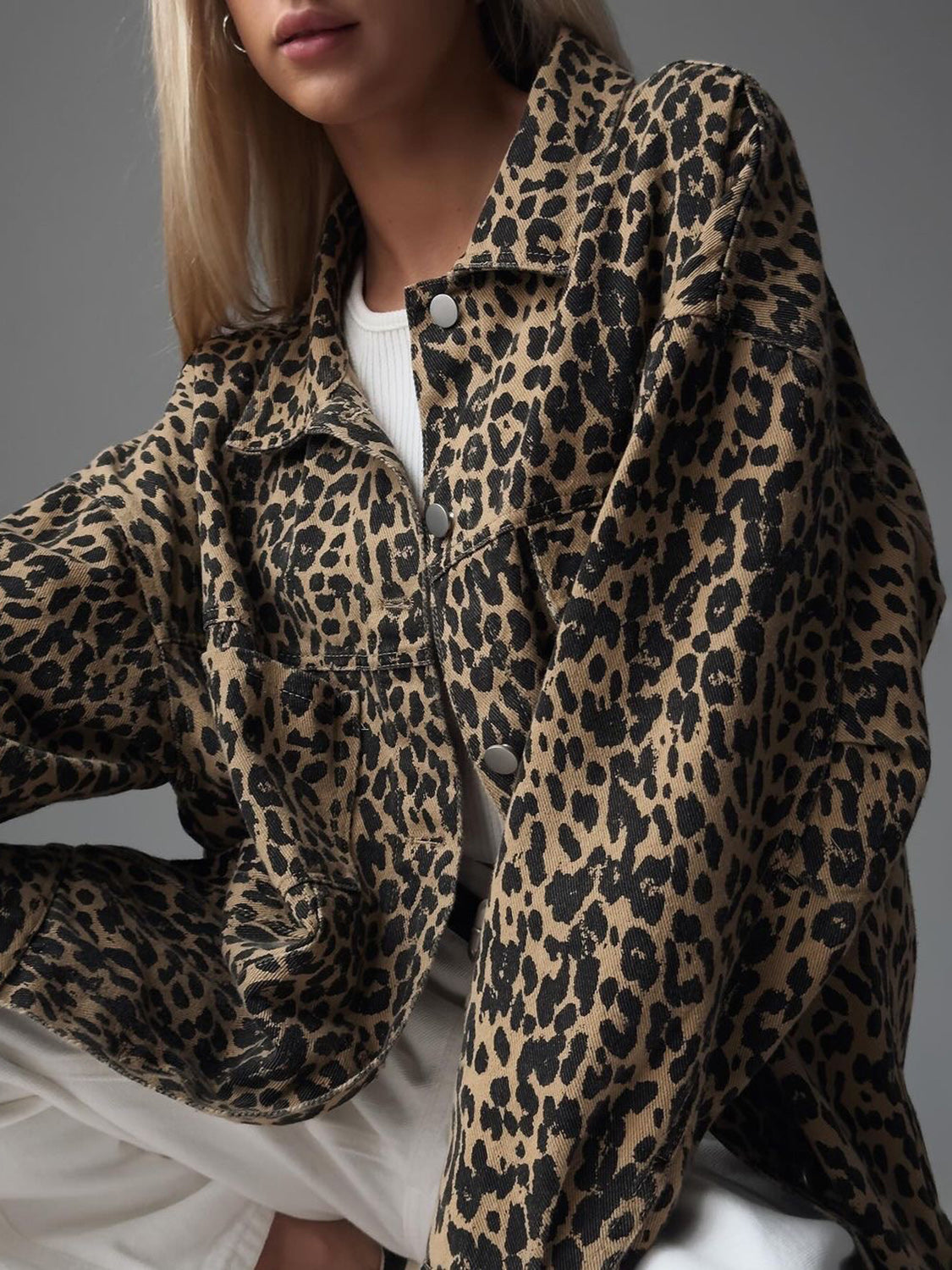 Elisabetta Leopard Button Up Long Sleeve Denim Jacket | 2 Colors