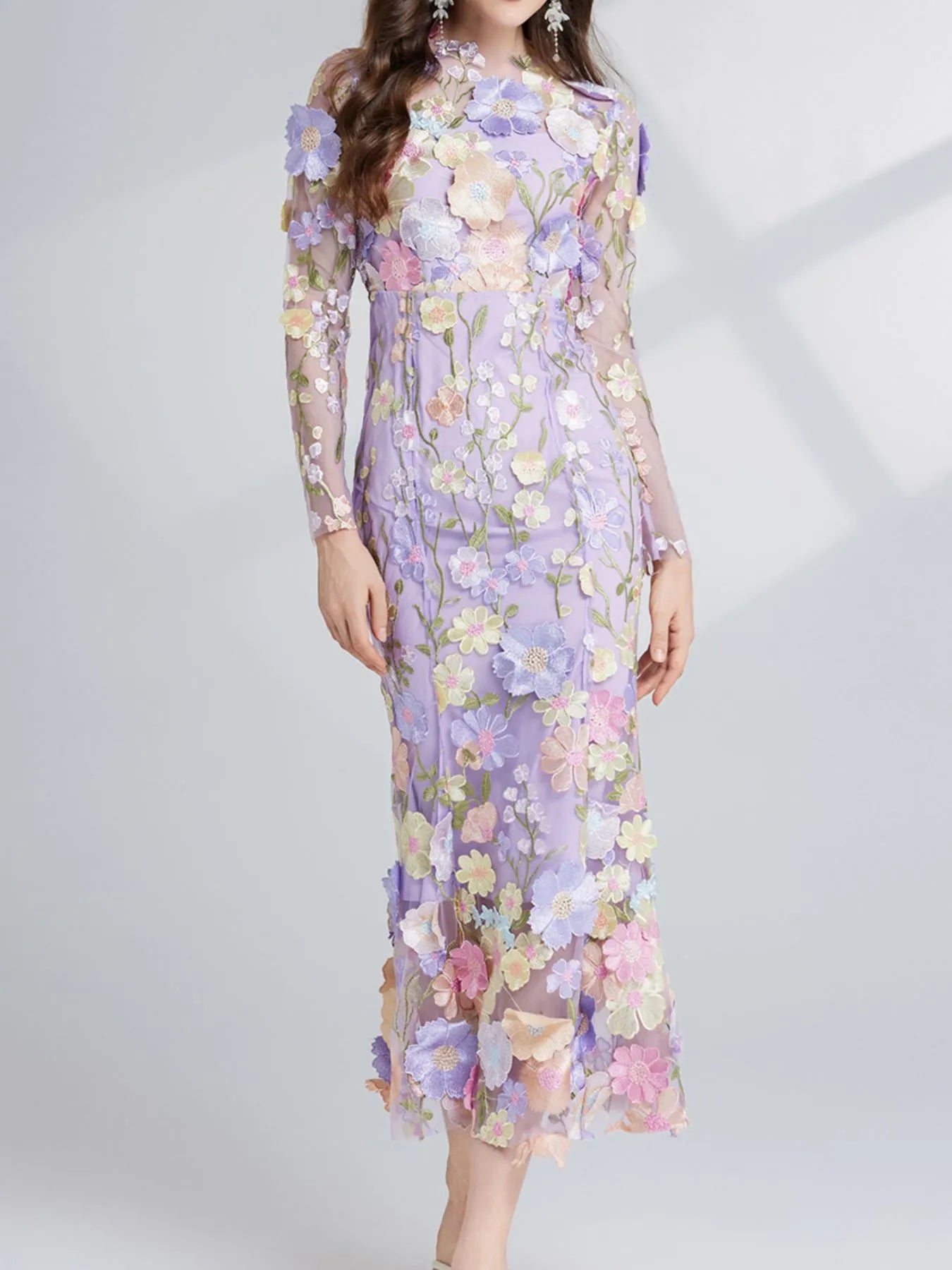 Floral embroidered mesh maxi dress with long sleeves, by Pinup Girl Clothing, sizes XS to 4X.