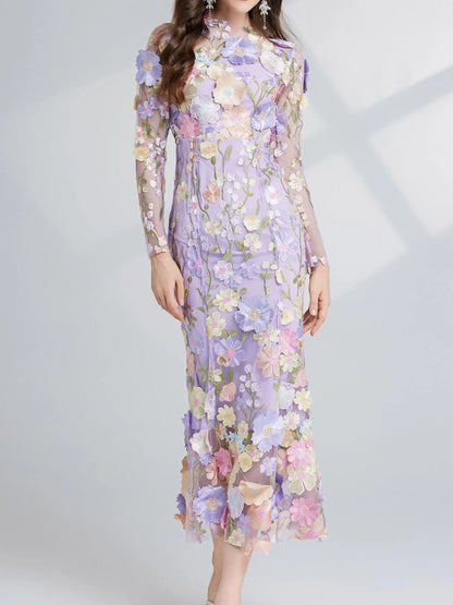 Floral embroidered mesh maxi dress with long sleeves, by Pinup Girl Clothing, sizes XS to 4X.