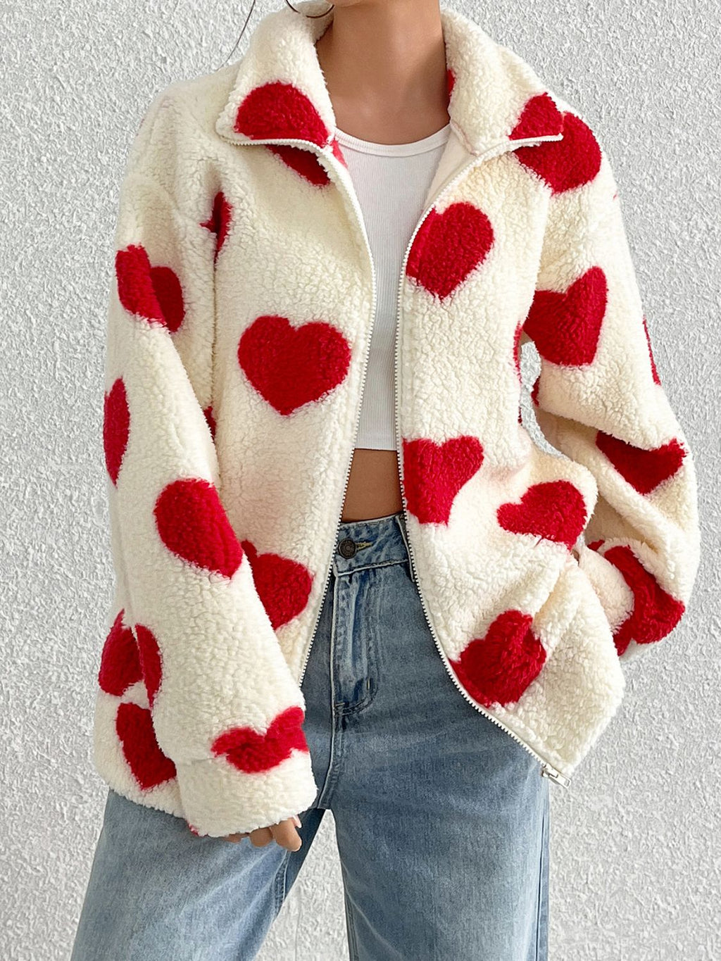 Aria Heart Zip Up Drop Shoulder Furry Jacket | 3 Colors