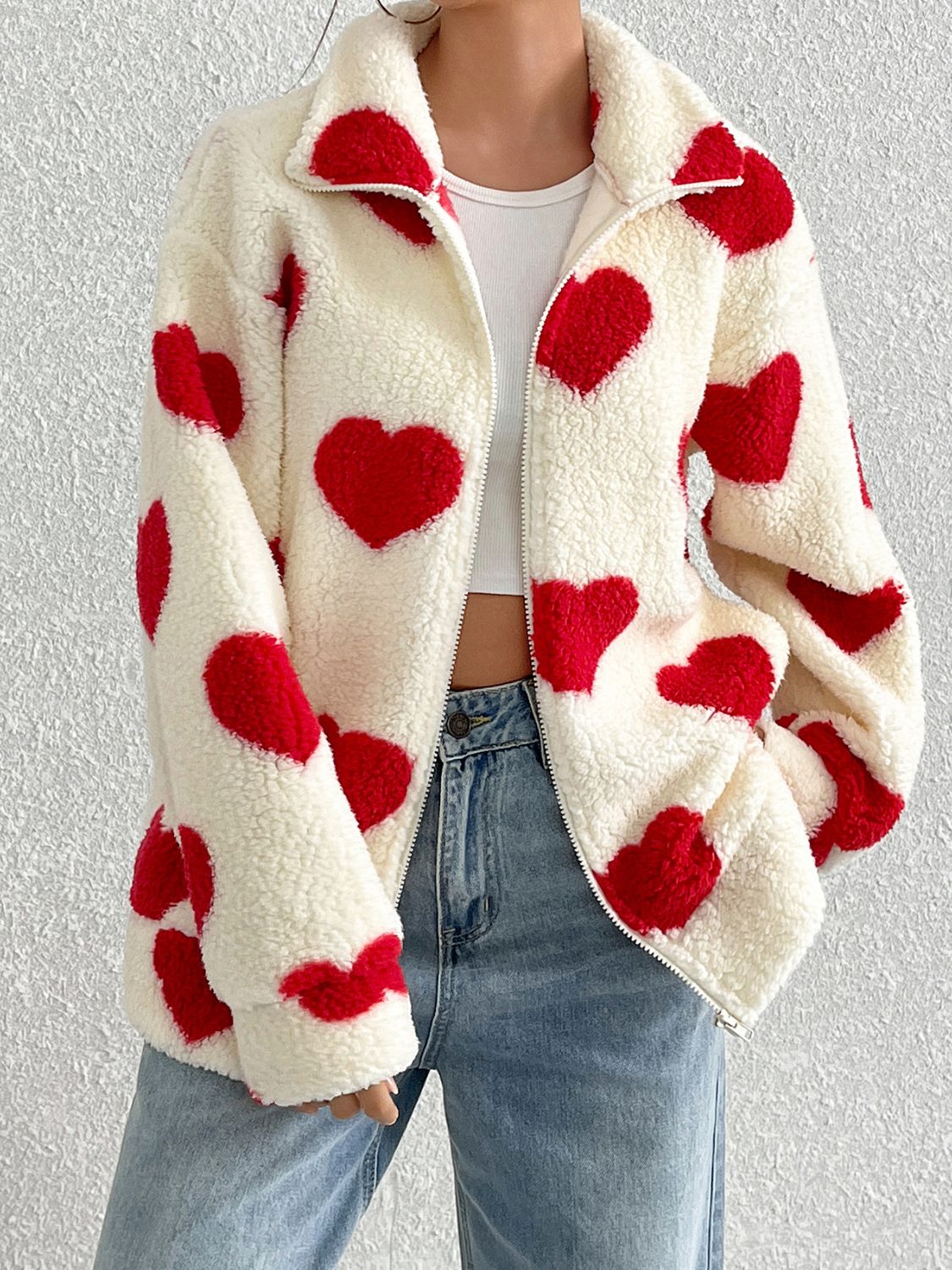 Aria Heart Zip Up Drop Shoulder Furry Jacket | 3 Colors