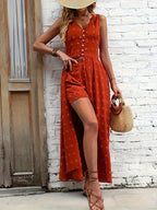 The Santorini Escape maxi romper dress by Pinup Girl Clothing, sizes XS to 4X.