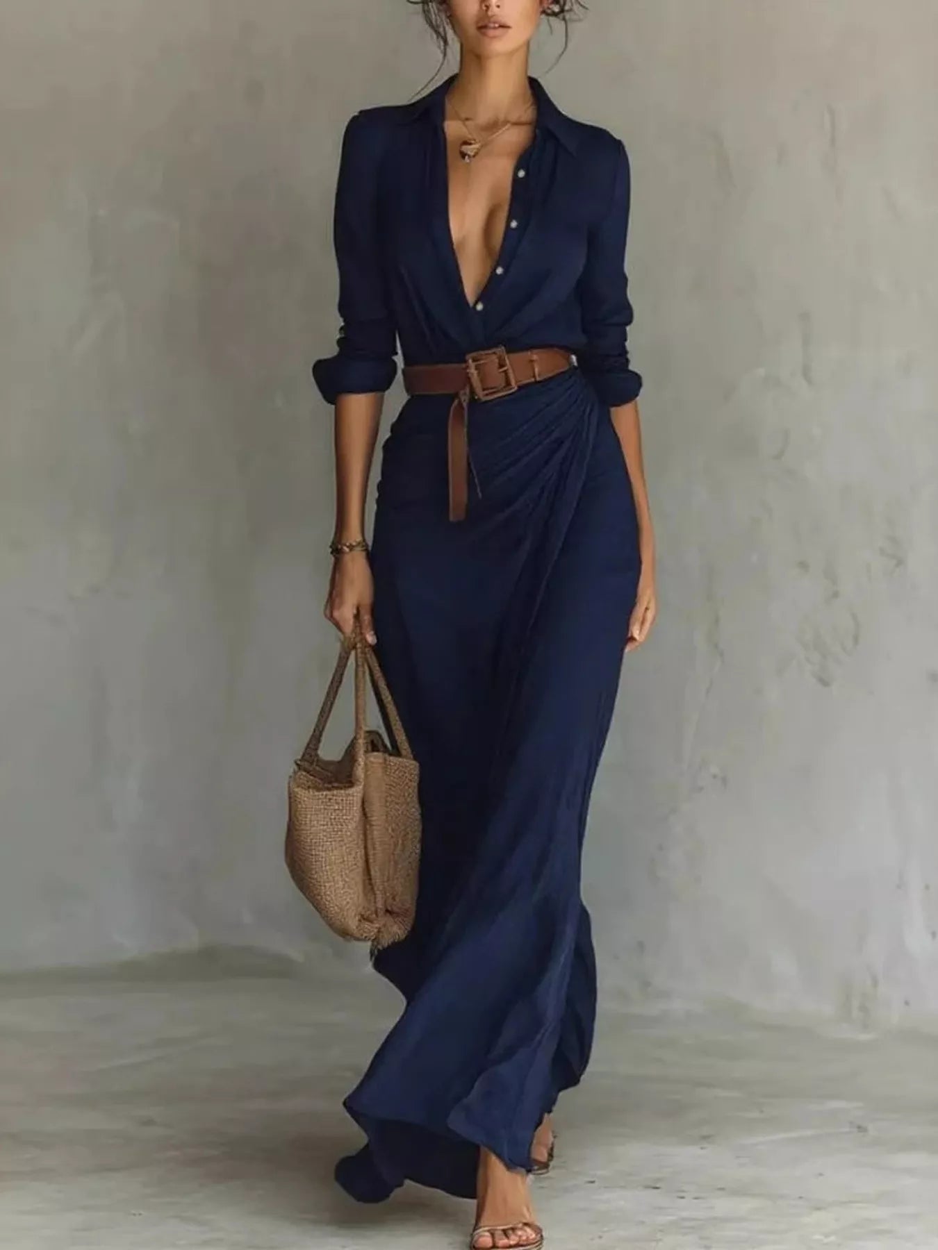 Simone belted wrap maxi dress in navy blue with long sleeves and a ruched waist, by Pinup Girl Clothing