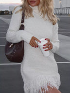 Shimmy Fringe Turtleneck Sweater Dress in white by Pinup Girl Clothing