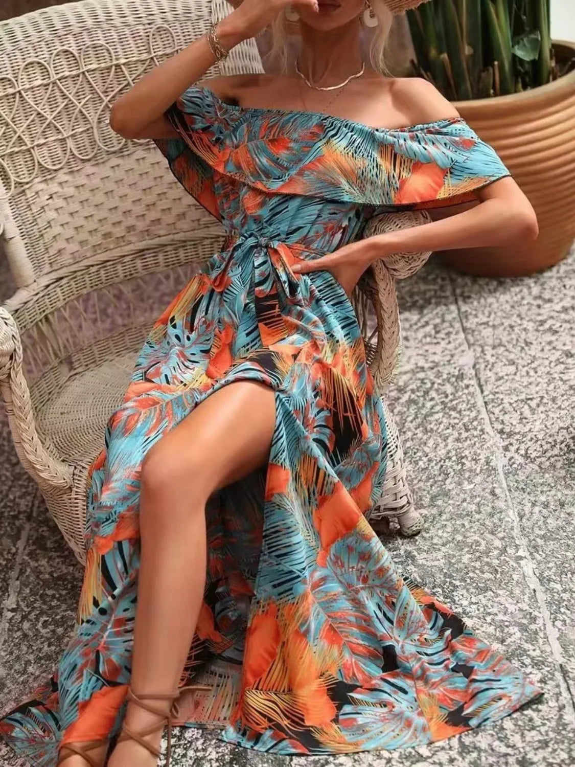 orange off the shoulder maxi dress Moonlit Ruffled Printed Off Shoulder Maxi Dress | 4 colors