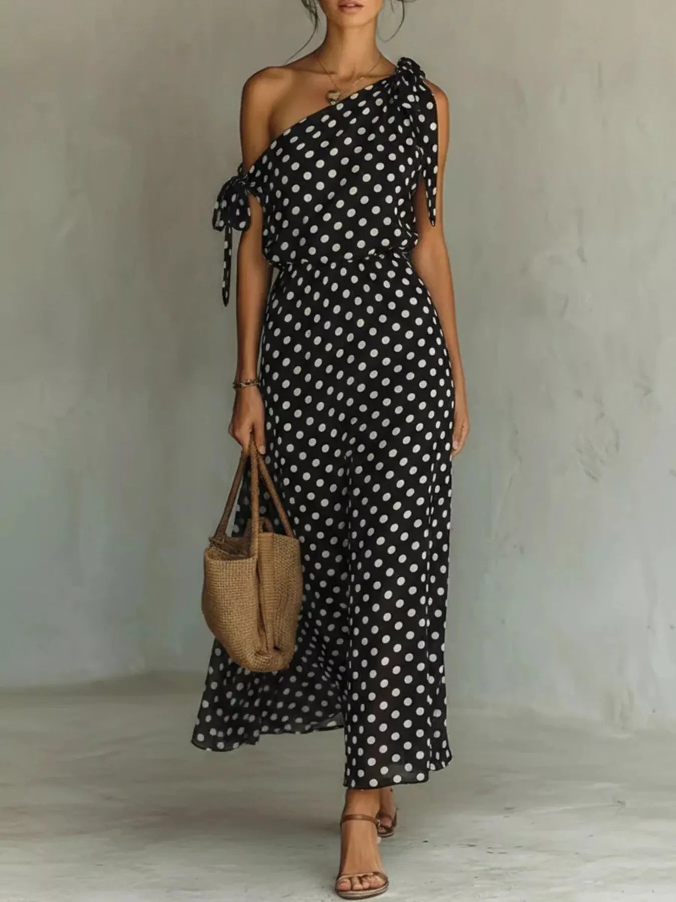 Dorothea one-shoulder polka dot midi dress in black by Pinup Girl Clothing