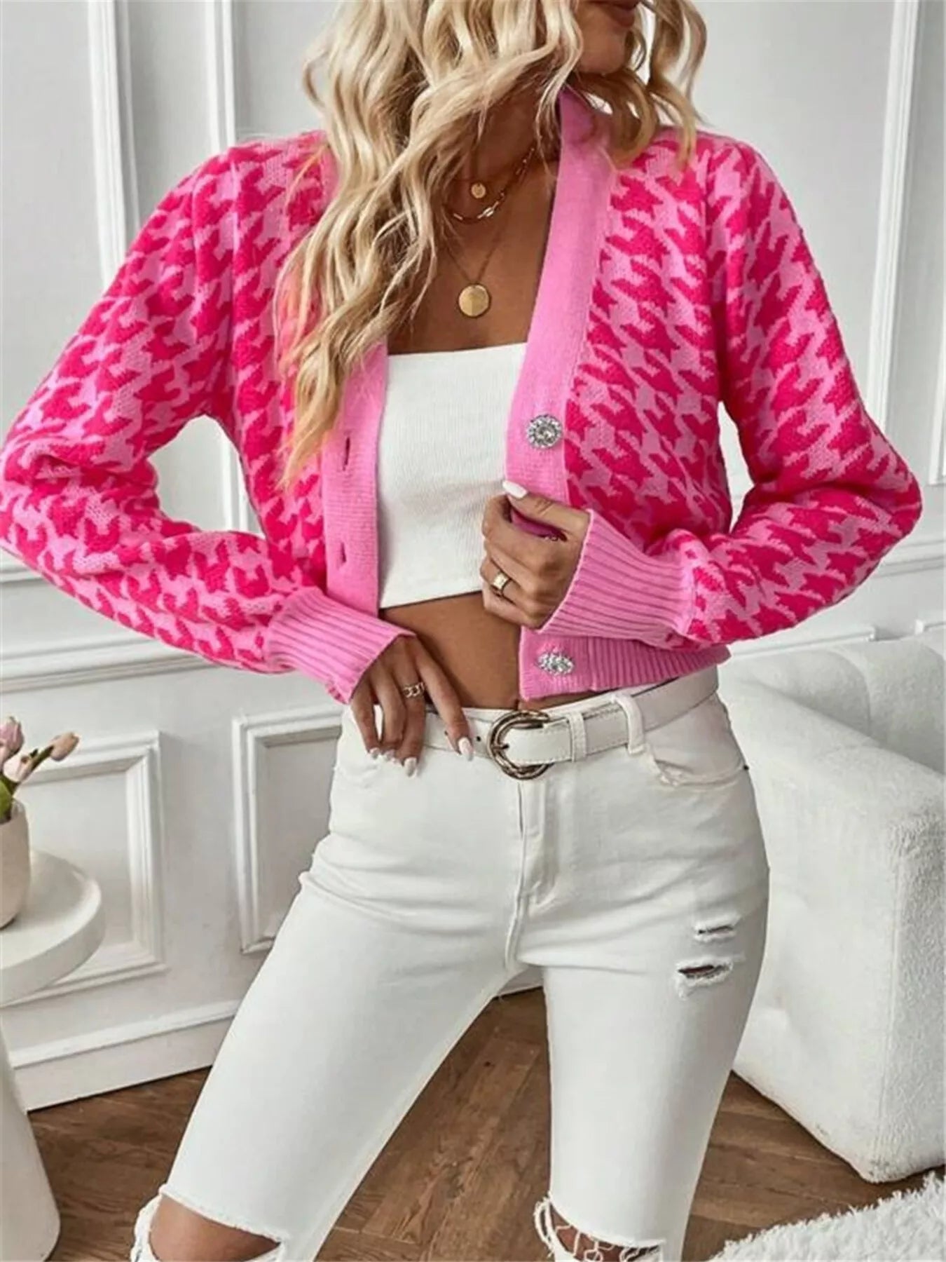 Houndstooth V-neck button cardigan in hot pink by Pinup Girl Clothing