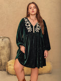 Embroidered V-Neck Long Sleeve Dress | Poundton