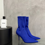 Siren pointed toe stretch sock boots in cobalt blue, side view