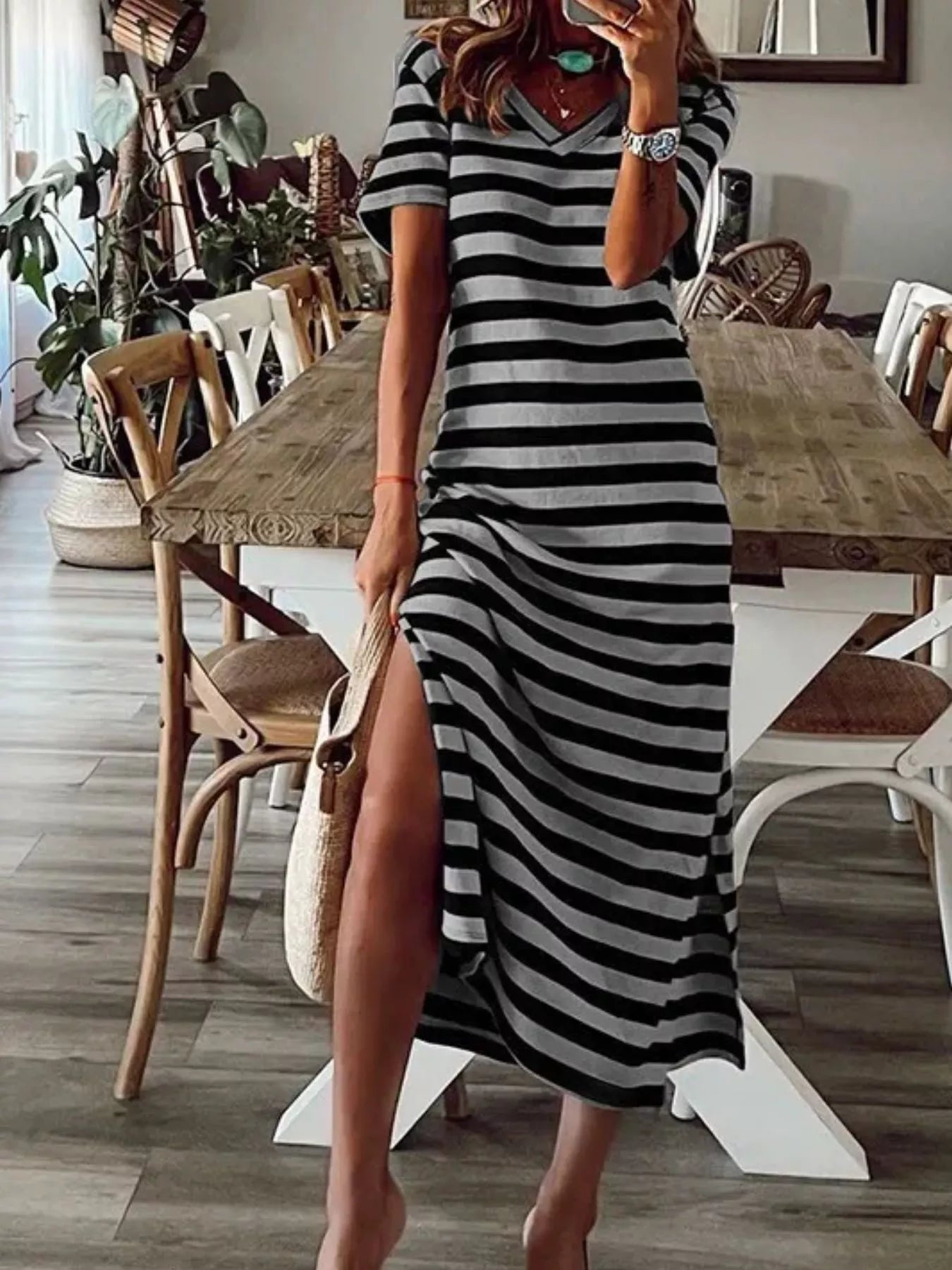 Vivian Striped V-Neck Midi Dress in Grey by Pinup Girl Clothing