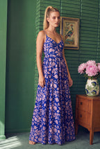 Amalie Ballerina Daytime Maxi Gown in Blue & White Capri Floral Crepe