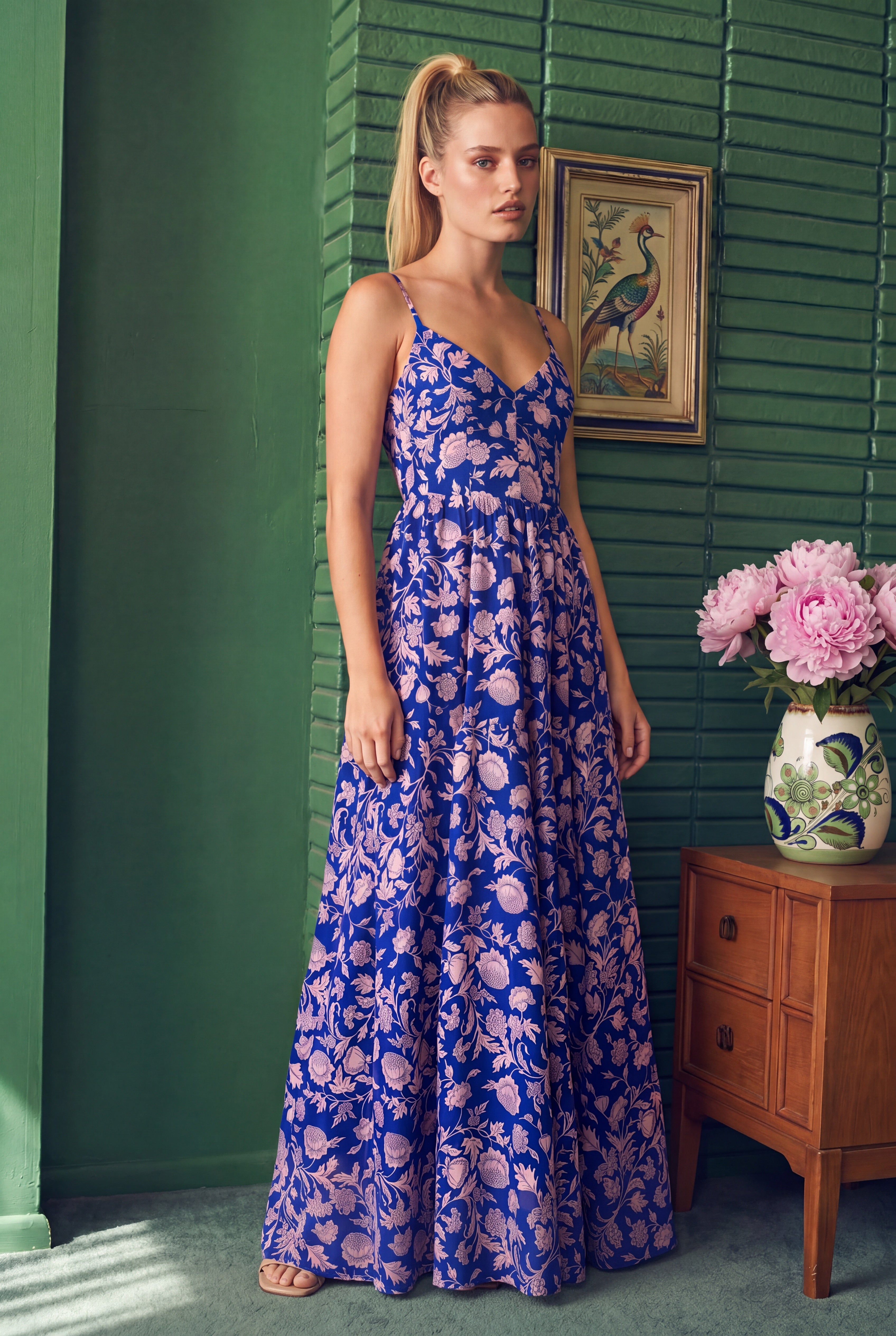 Amalie Ballerina Daytime Maxi Gown in Violet and Pink Capri Floral Crepe