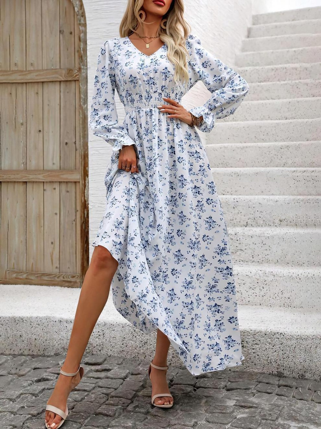 Gianna Smocked Printed V-Neck Flounce Sleeve Dress | 4 Colors