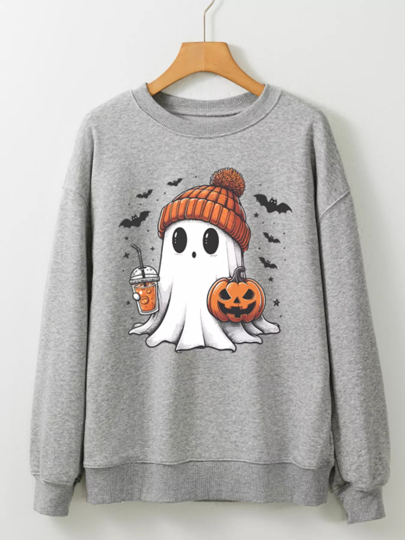 Back view of the gray Boo Crew ghost and pumpkin crewneck sweatshirt